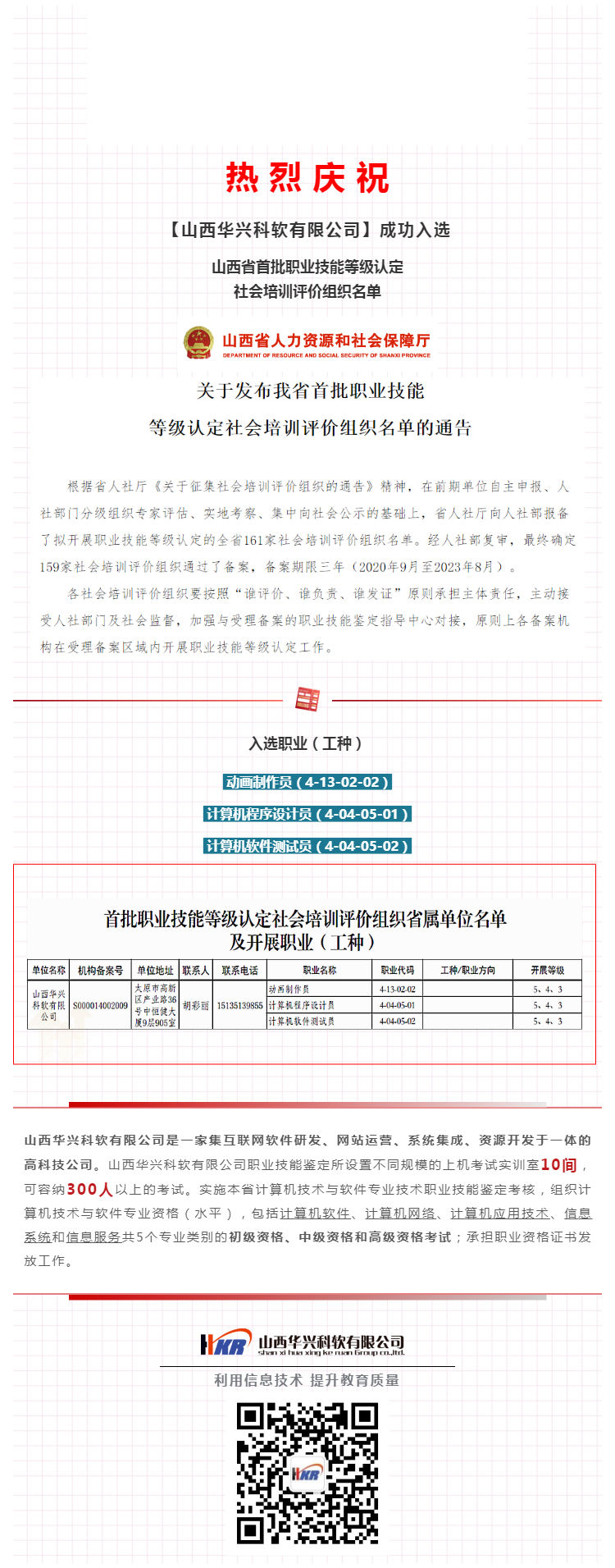 热烈庆祝【山西华兴科软有限公司】成功入选我省首批职业技能等级认定社会培训评价组织名单_壹伴长图1.jpg